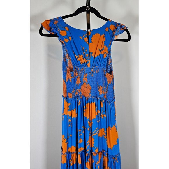 ABEL THE LABEL Blue Orange Floral Smocked Long Sundress-SZ S - Picture 3 of 6